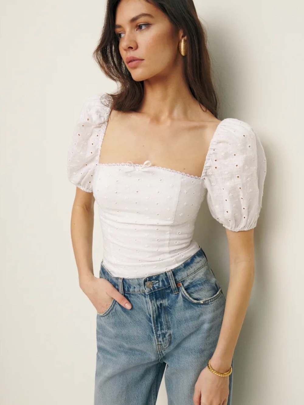 Reformation marella top NWT.   Square Neck Puff Sleeve Eyelet Top - White